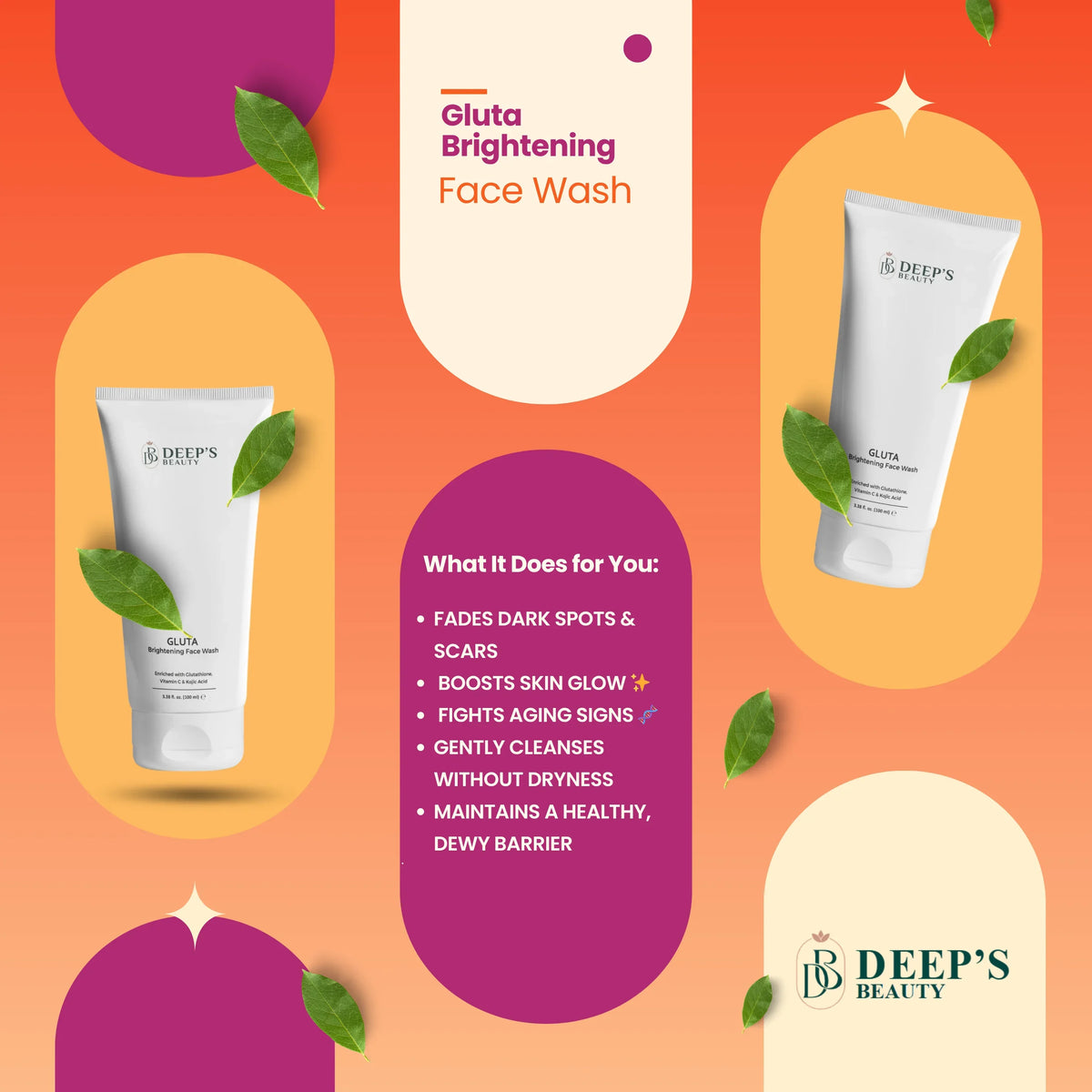 Gluta Brightening Face Wash – Gentle Skin Cleanser with Glutathione & Vitamin C | Deep Clean, Fades Dark Spots, Brightens Dull Skin | For All Skin Types | 100ml - Deep’s Skin Clinic