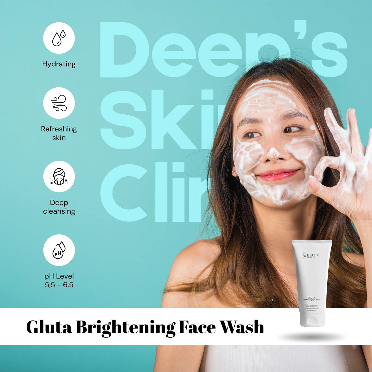 Gluta Brightening Face Wash – Gentle Skin Cleanser with Glutathione & Vitamin C | Deep Clean, Fades Dark Spots, Brightens Dull Skin | For All Skin Types | 100ml - Deep’s Skin Clinic